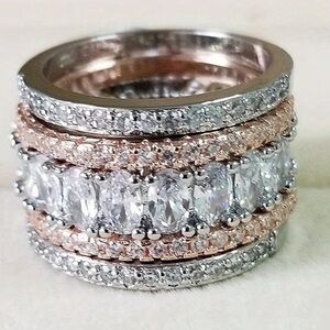 Thick Band Rose Gold and Silver Multi-Row White Topaz Stackable Ring